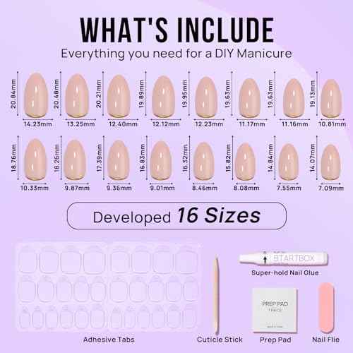 BTArtbox Press On Nails Almond - Short Gold Foil Press On Nails with Glue for Women, Semi-Transparent Soft Gel Glue On Nails in 16 Sizes - 32 Stick On Nails Kit, Gold End