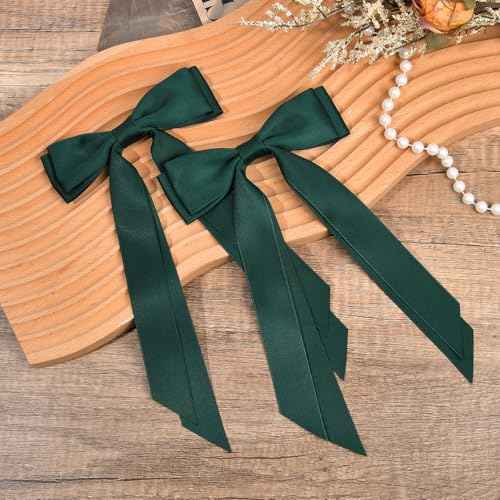2PCS Silky Satin Hair Bows Hair Clip Green Hair Ribbon Ponytail Holder Accessories Slides Metal Clips Hair Bow for Women Girls Toddlers Teens Kids