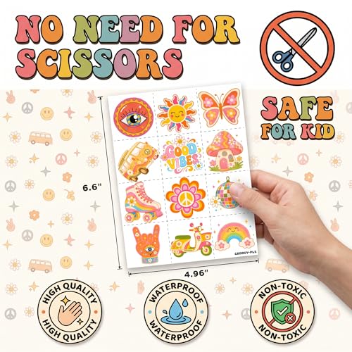 96 Pcs Groovy 70s Temporary Tattoos | Pre-Cut Kids Party Favors