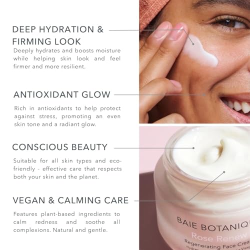Baie Botanique Organic Face Cream & Natural Face Moisturiser ? Anti-Ageing Cream for Women & Men with Rose Water, Rosehip, Vitamin C, E, Hyaluronic Acid & Botanical Collagen ? Facial Moisturiser 50ml