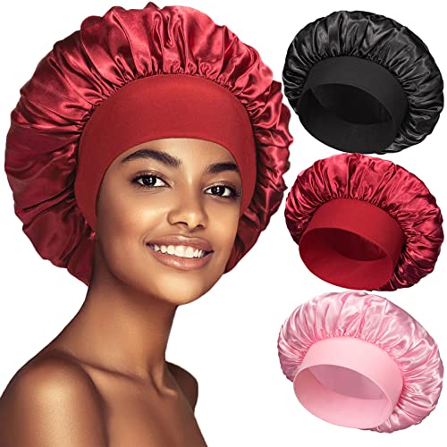 Silk Satin Bonnet for Women - Hair Protection Sleep Cap with Elastic Band (3 Pack)