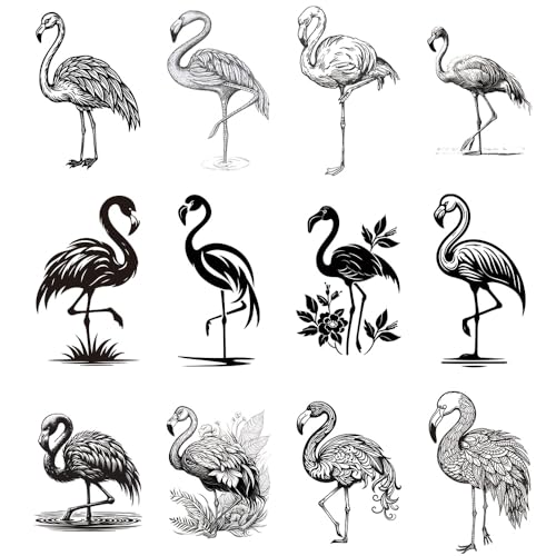 12 Flamingo Temporary Tattoos | Black & White Waterproof Stickers