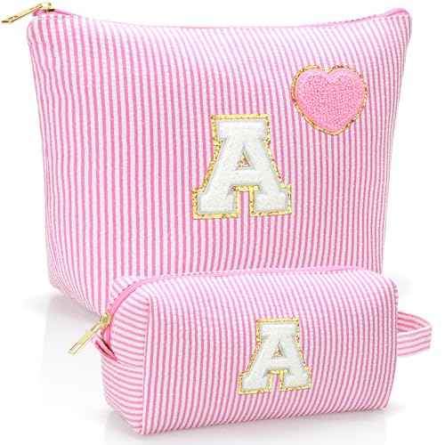 Initial Makeup Bag Personalized Preppy Cosmetic Bag Trendy Toiletry Travel Bag For Teen Girls Kids Women Letter Makeup Pouch Purse Holiday Gifts Birthday Christmas Gifts 2pack (A, Pink)