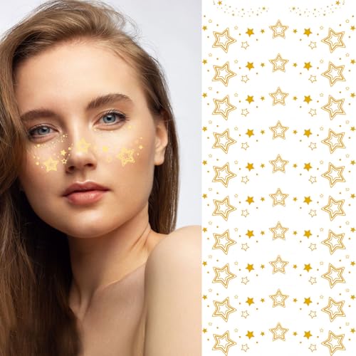 10 Pcs Gold Glitter Stars Temporary Face Tattoos - Waterproof