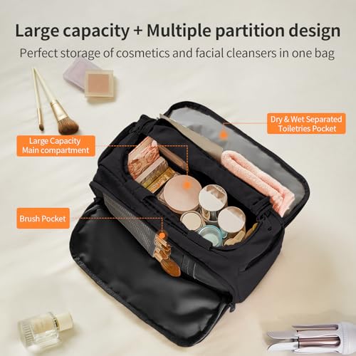 aji Travel Toiletry Bag for Women, Lightweight Large Wide-open Makeup Bag with Luggage Trolley Strap, Water-resistant Multiple Pockets for Accessories,Essentials, Toiletries, Mousse Black