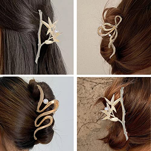 Yonchic 3-Piece Metal Hair Clips, Golden Bamboo Hair Claw for Thin/Medium Thick Hair, Elegant Bowknot Barrettes, Strong Hold Hair Clamps Non Slip Cute Pearl Hair Catch Clip Accessories