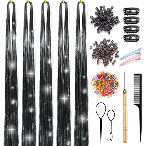 Black Hair Tinsel Kit with Tool Fairy Hair Tinsel Heat Resistant Tinsel Hair Extensions 48 Inch 1200 Strands Sparkling Shiny Glitter Hair Extensions for Women Girls Kids (Black)