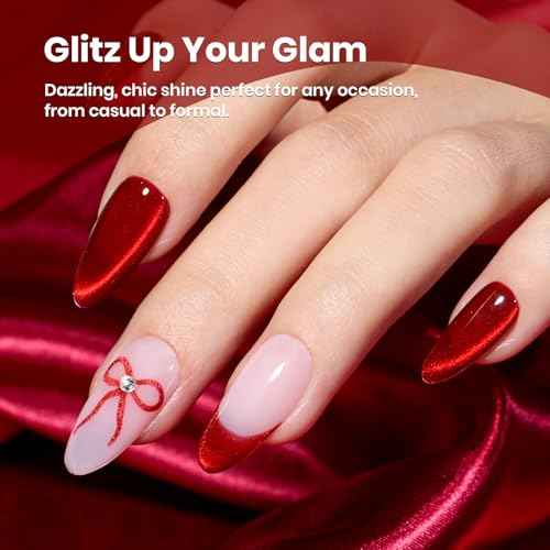 beetles Gel Polish Ruby Red Cat Eye Gel Nail Polish - 15ML Christmas Red Cat Eye Glitter Gel Polish Magnetic Shimmer Effect Soak Off UV French Nail Art Design Salon DIY Manicure Gifts for Wome