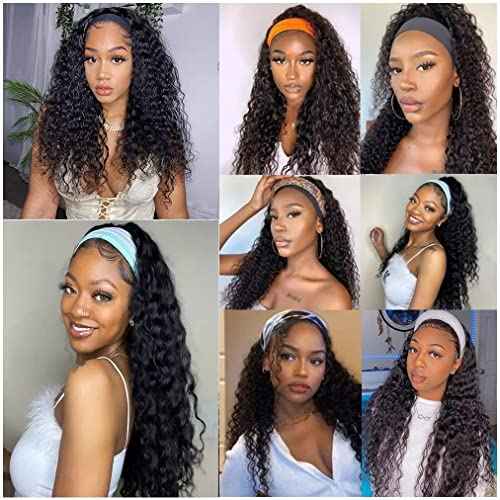 Deep Wave Headband Wig Human Hair Curly Headband Wigs for Black Women Human Hair 20 Inch Glueless None Lace Front Wig Brazilian Virgin Hair Wear and Go Wigs 150% Density Natural Black Color