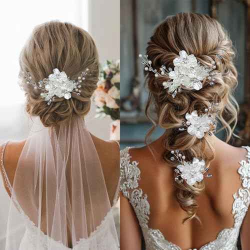 3 PCS Large Flower Bridal Wedding Hair Pins Crystal Pearl Hair Clips Headpiece Bride Hair Accessories Jewelry with Rhinestone, Glitter Emboss White Flower