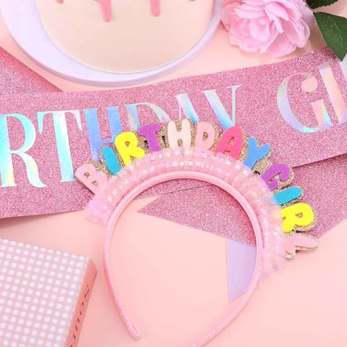 Birthday Girl Headband and Sash Set - Colorful Glitter Party Accessories