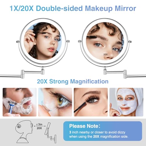 20X/1X Wall Mounted Lighted Makeup Mirror with Light, 8.5'' Double Sided Rechargeable Magnifying Bathroom Mirror, 3 Color Lights Touch Dimmable Extended Arm 360 Rotation Light up Magnification Mirrors