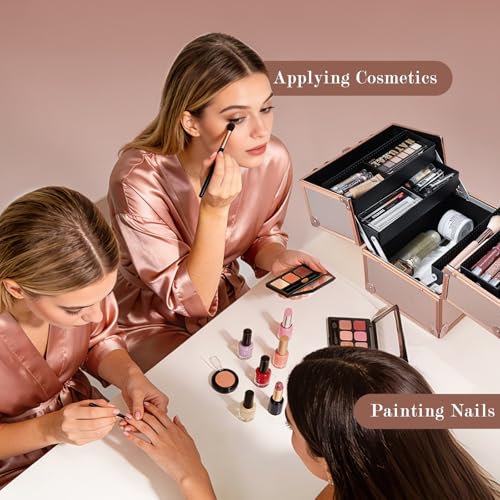 Rose Gold Makeup Train Case with 4-Tier Trays & Lock