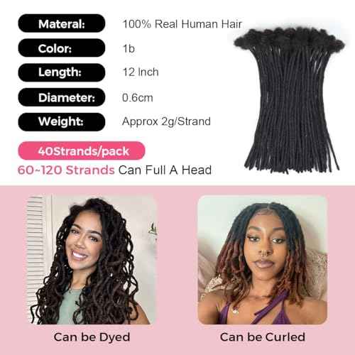 12 Inch 40 Strands Loc Extensions Human Hair, 0.6cm Pencle Size Dreadlock Extensions Human Hair for Women Men Full Handmade Permanent Dreads Locs(Natural Black)