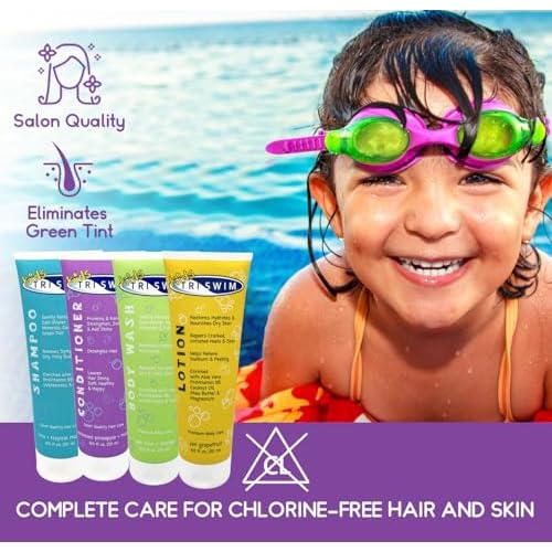 TRISWIM Kids After Swim Value Pack of 4 Travel Mesh Bag + Swim Care Chlorine Removal Body Wash + Swimming Lotion + Swim Shampoo and Conditioner 8.5 fl oz Keep your Little Swimmers Clean and Healthy