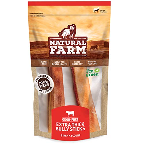 Natural Farm Odor-Free Bully Sticks (6 Inch, 25 Pack), 1.3 lb. Bag, Fully Digestible 100% Beef Pizzle Chews, Grass-Fed, Non-GMO, Grain-Free, Natural Long-Lasting Chews for Small & Large Dogs