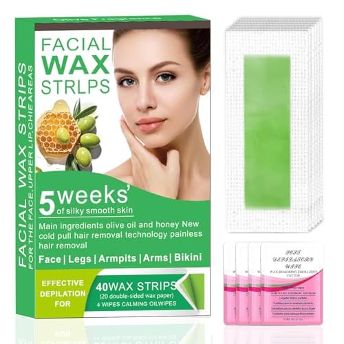 Facial Wax Strips for Women ? 98% Natural, Hypoallergenic Formula for Sensitive Skin ? Quick & Gentle Hair Removal for Upper Lip, Eyebrows, Chin, Bikini Line & Legs 40Pcs