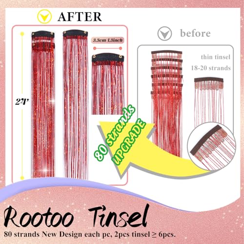 Hair Tinsel Clip In Extensions, 12 Pcs 24 Inch Red