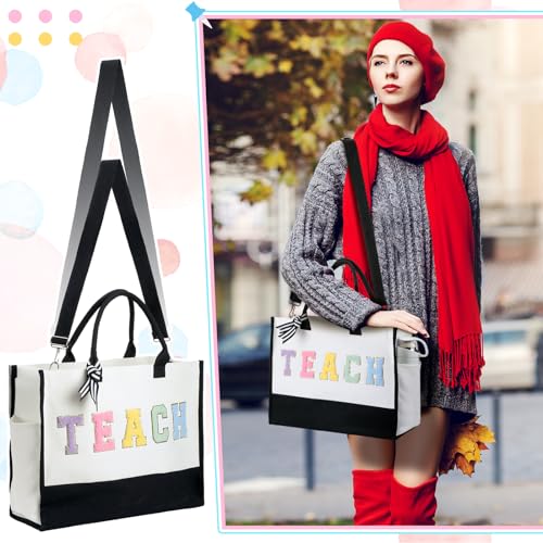 Abbylike Back to School Teacher Gift Canvas Chenille Letter Tote Bag Makeup Cosmetic Pouch Thank You Teacher Appreciation Women Gift
