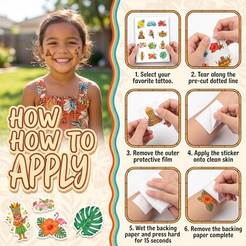 96 Pre-Cut Hawaiian Temporary Tattoos for Kids