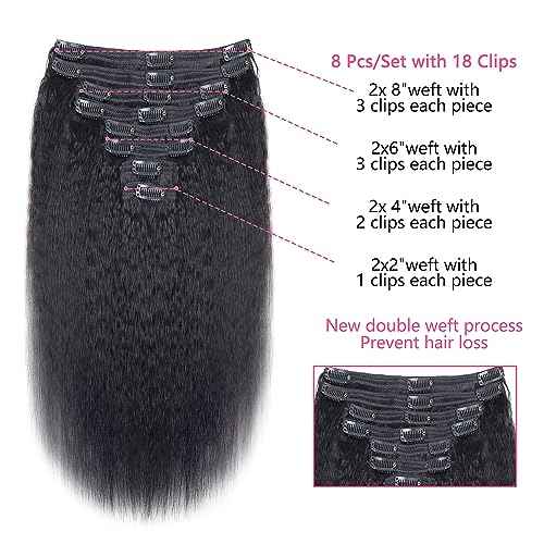 28 Inch Kinky Straight Clip In Hair Extensions Real Human Hair Kinky Straight Clip Ins #1B Natural Color Clip on Hair Extensions 8pcs with 18Clips Per Set 120g
