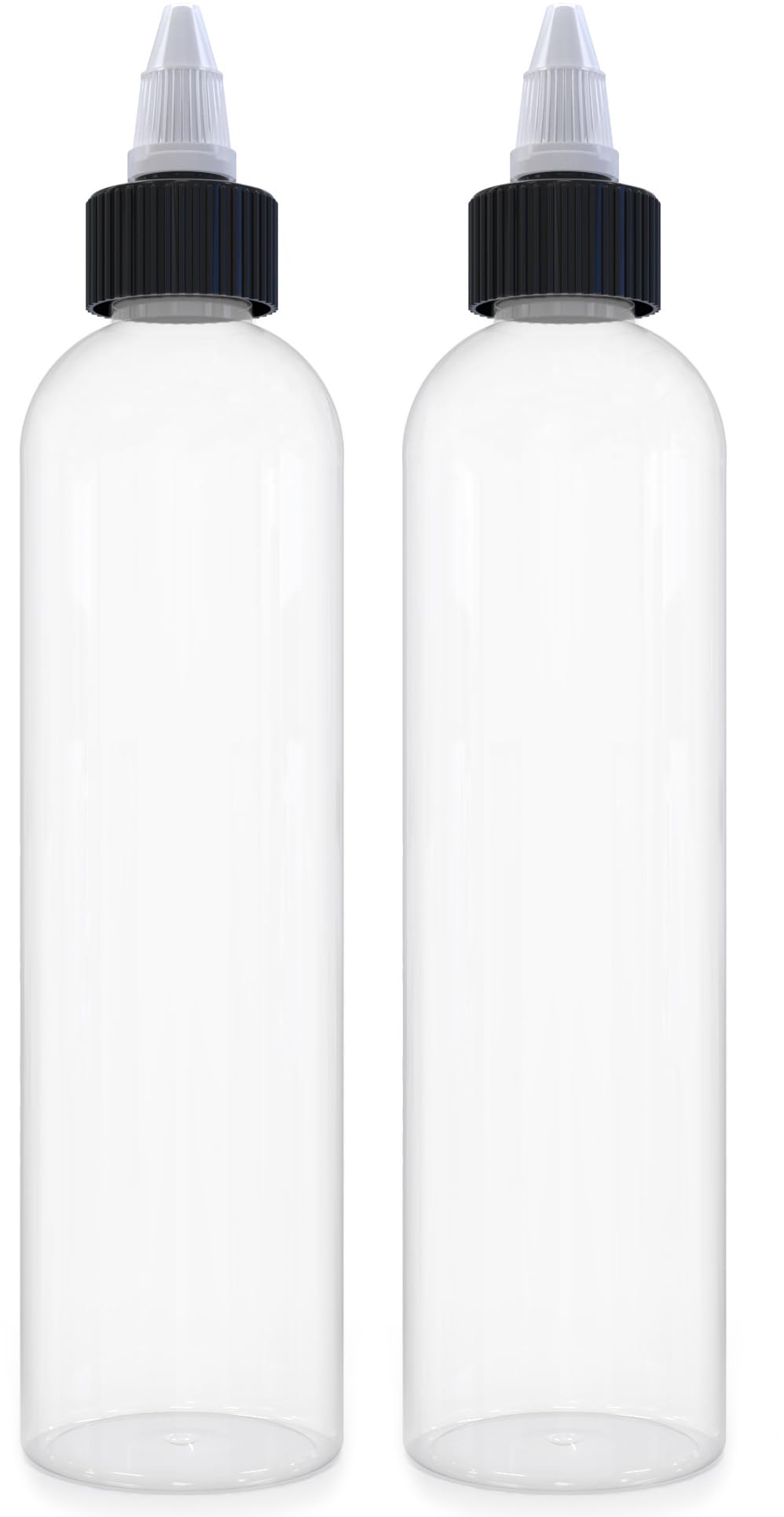 BRIGHTFROM Twist Top (Black) Applicator Bottles, 8 OZ Crystal Clear, Squeeze Empty Plastic Bottles, BPA-Free, PET, Refillable, Open/Close Nozzle - Multi Purpose (Pack of 2)