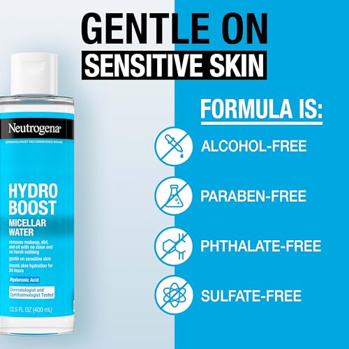 Neutrogena Hydro Boost Micellar Water with Hyaluronic Acid, Micellar Cleansing Water for Sensitive Skin, Removes Makeup, Dirt & Oil, Alcohol-Free, 13.5 fl oz