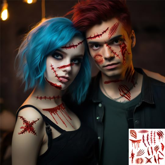 Halloween Temporary Tattoos - 6 Sheets Scary Face & Zombie Scars