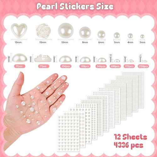 4366 PCS Self Adhesive Pearl Stickers£¬Pearl Stickers for Crafts Kids£¬Assorted Sizes & Shape Stick on Pearls for Hair, Face, Makeup, Eye 3mm/4mm/5mm/6mm/8mm/10mm/Rose/Heart Shape