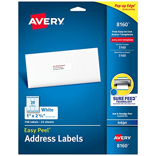 Avery® Easy Peel® White Inkjet Address Labels, 8160, 1" x 2 5/8", Pack of 750