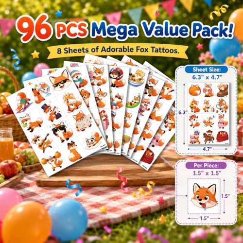 96pc Fox Temporary Tattoos for Kids | Waterproof Party Favors