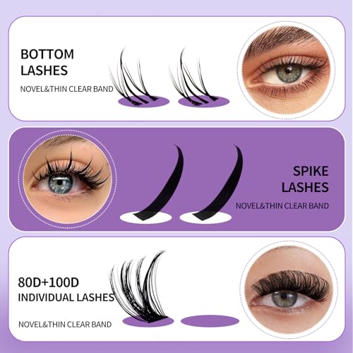 DIY Lash Clusters with Spikes Bottom Eyelash Clusters Spike Manga Individual Lashes Clusters Natural Look Eyelash Clusters Bottom Lashes Wispy Cluster Eyelash Extensions(80+100,12-18mm,0.07D)