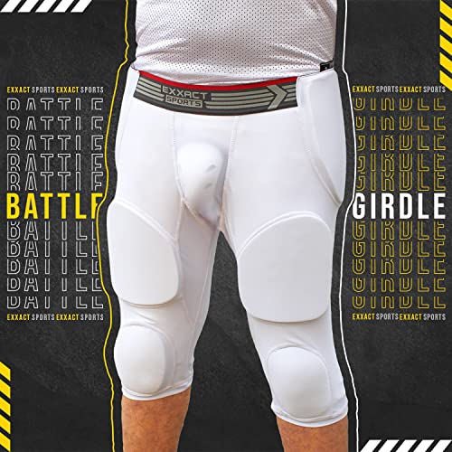 Exxact Sports Battle 7-Pad Football Girdle for Men & Boys - Finest Padded Compression Shorts, Mens Girdle Football with Cup Pocket, Adult & Youth Football Girdle (White, YXL)