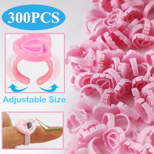 300Pcs Pink Heart Lash Glue Rings for Eyelash Extensions