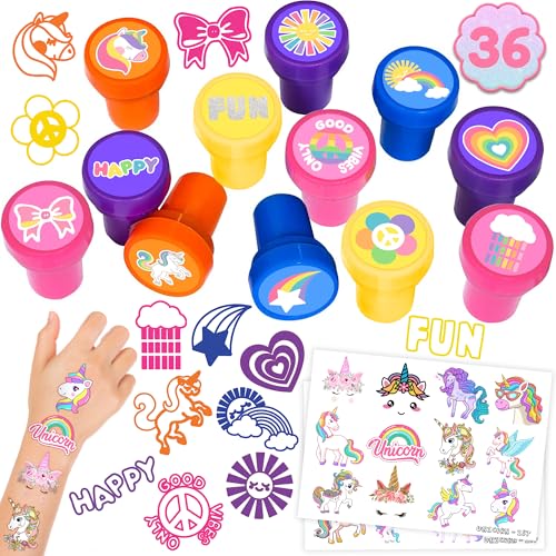 36 Piece Unicorn Party Favors - 24 Tattoos & 12 Stamps