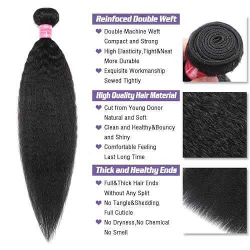 Kinky Straight Bundles Human Hair 1 Single Bundle 22 Inch 100% Unprocessed Brazilian Virgin 12A Yaki Straight Human Hair Bundles Hair Extension Sew In for Black Women Natural Color