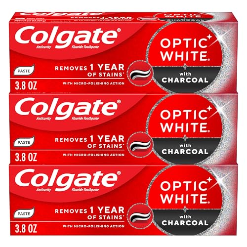 Colgate Optic White Charcoal Whitening Toothpaste 3 Pack 3.8 oz - Enamel Safe, Fresh Mint