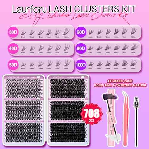 Lash Clusters Kit Wispy Lash Clusters 30D-100D 708pcs Individual Lashes Clusters Kit 8-16mm Self Adhesive Eyelashes Kit Thin Band Soft Cluster Lashes Lash Bond and Seal Tweezers & Brush