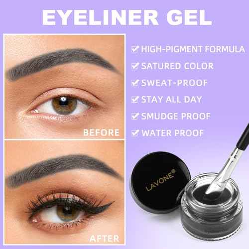 LAVONE Eyeliner Set - Waterproof Makeup Kit with Liquid Eye Liner Pencil, Gel Eyeliner and Angled Eye Liner Brush, Waterproof, Smudge Resistant, Long Lasting Formula - Black