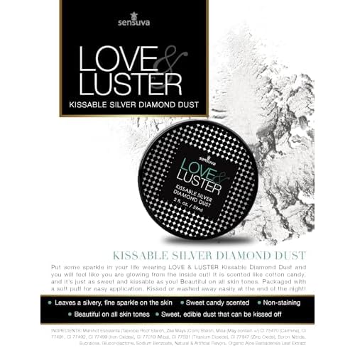 Sensuva Love & Luster Kissable Diamond Dust | Comes with Puffer 2 oz Jar Candy Scent & Flavored Highlighter, Mica Powder, Silver Body Shimmer Face Highlighter Powder, Illuminator for Party & Festival