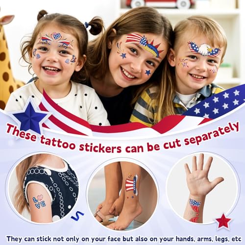 Patriotic Temporary Tattoos for Kids, 12 Sheets 4th of July Face Stickers