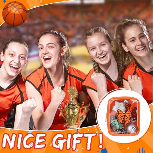 Reginary 12 Pcs Basketball Coquette Bow Party Favors Basketball Makeup Bags Bulk with Chenille Patch Valentine Team Gifts Waterproof Travel Size for Women