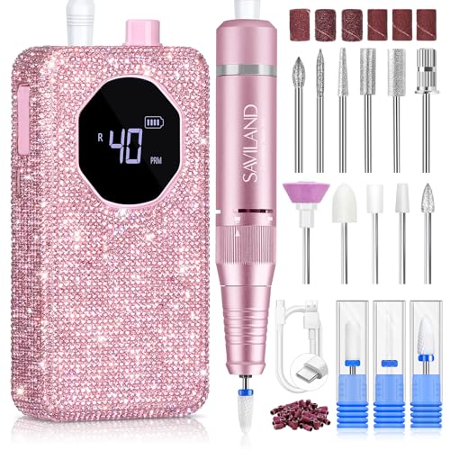 SAVILAND Professional Nail Drill 40000 RPM: Portable Diamond Nail Drill Kit Rechargeable 4000 mAh Electric Nail File for Thick Acrylic Nails with Ceramic Nail D rill Bits Sanding Bands Nail Tech Salon