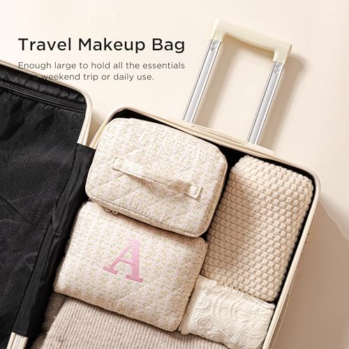 HBselect 2Pcs Initial Quilted Makeup Bag, Pink Cosmetic Travel Toiletry Bag, Flowers Coquette Zipper Make Up Pouch Organizer Teen Girl Gift Trendy Stuff T