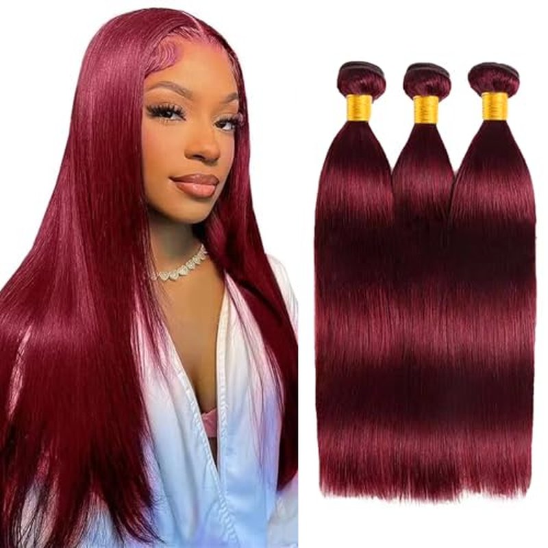 Burgundy #99J Straight Human Hair Bundles 16 18 20 inch