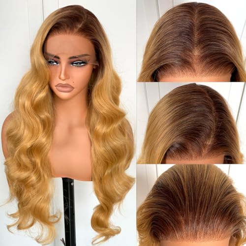 BlackSwern T1B/27 Ombre Honey Blonde 13x6 Synthetic Lace Front Wig,HD 13x6 Lace Frontal Wig Brown To Honey Blonde Pre-Plucked,26inch Body Wave Wigs 200 Density,Pre-Plucked PLUS 1.5¡¯¡¯ Hairline