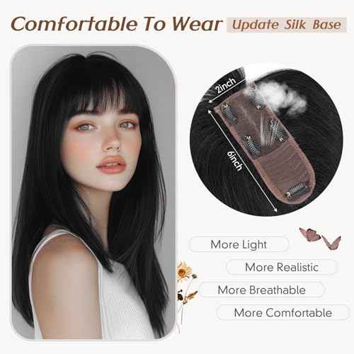 Rich Choices Hair Toppers for Women Real Human Hair 360¡Æ3D Clip in Bangs 100% Remy Human Toppers with Bang for Thinning 150% Density Upgrade Extended 2"*6"Lace Base 08 Inch #01 Jet Black