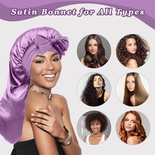 Long Silk Satin Hair Bonnet with Scrunchies for Sleeping - Purple