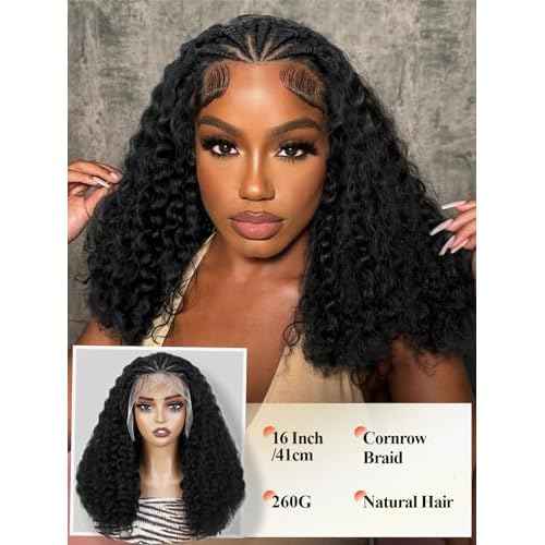 Fancy Hair Braided 13x4 Lace front Wigs with Baby Hair Cornrows with Kinky Curly Hair Wigs for Black Women 18 Inch Pre Plucked HD Lace Frontal Deep Wave Full & Thick Yaki 4C Texture Natural Hairstyle