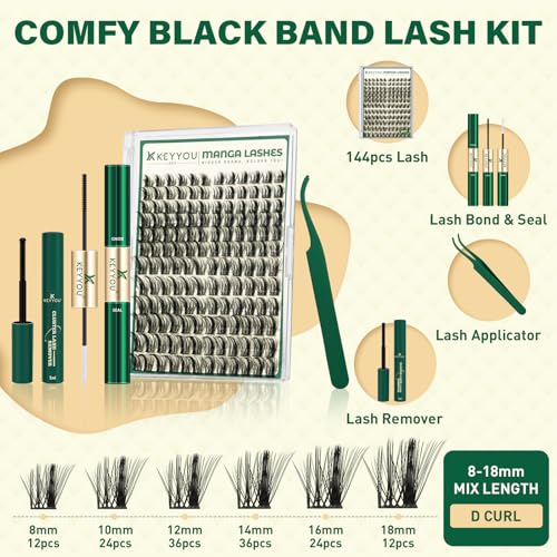 KEYYOULASH Manga Lash Clusters Kit 8-18mm Eyelash Clusters Kit DIY Lash Extension Kit Natural Fairy Cluster Lashes with Lash Bond Seal Remover Applicator Soft Thin Band(MG02)